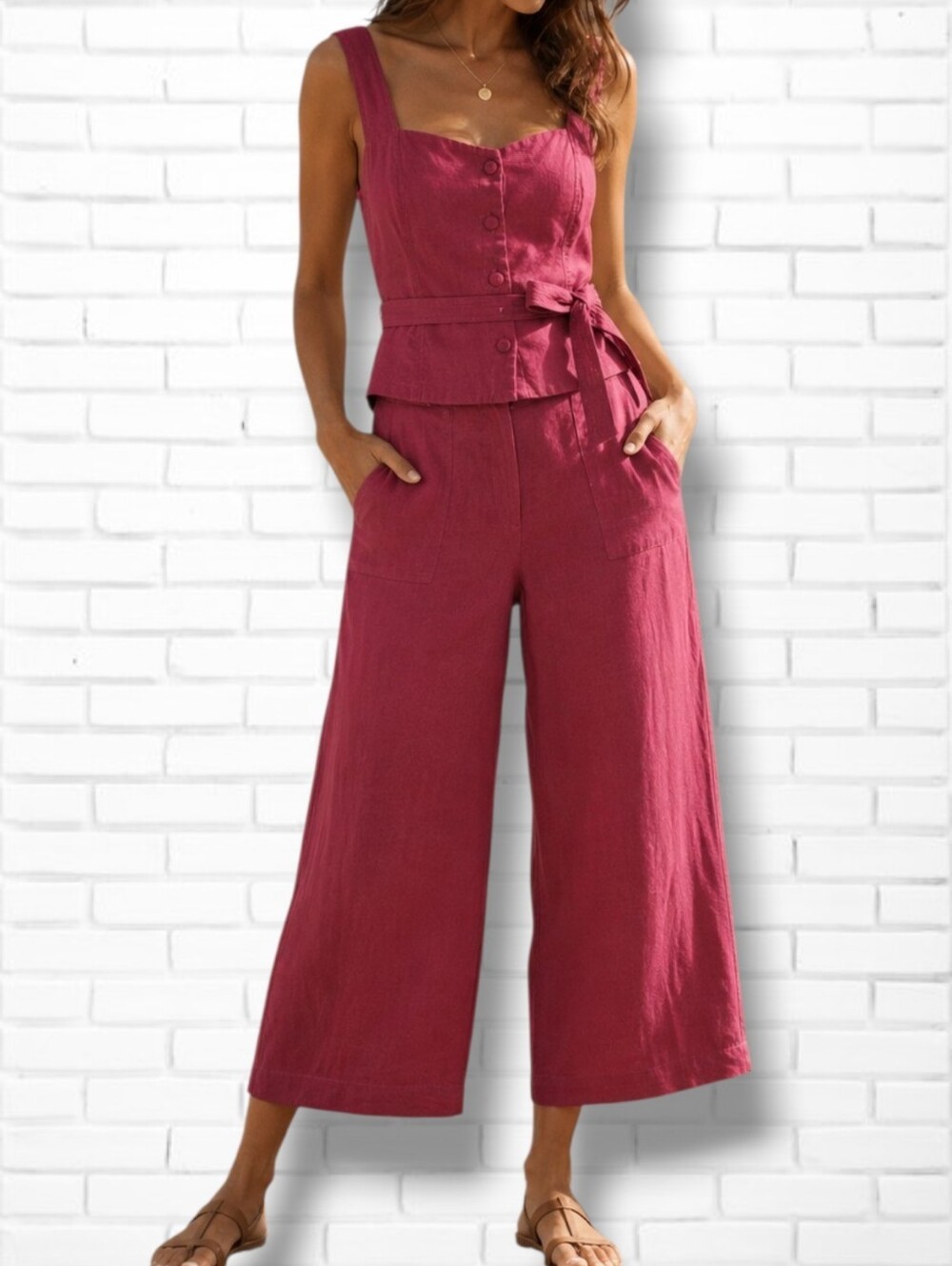 Marfinno Raspberry Colour Wide Leg High Rise Linen Blend Pants Size 46
